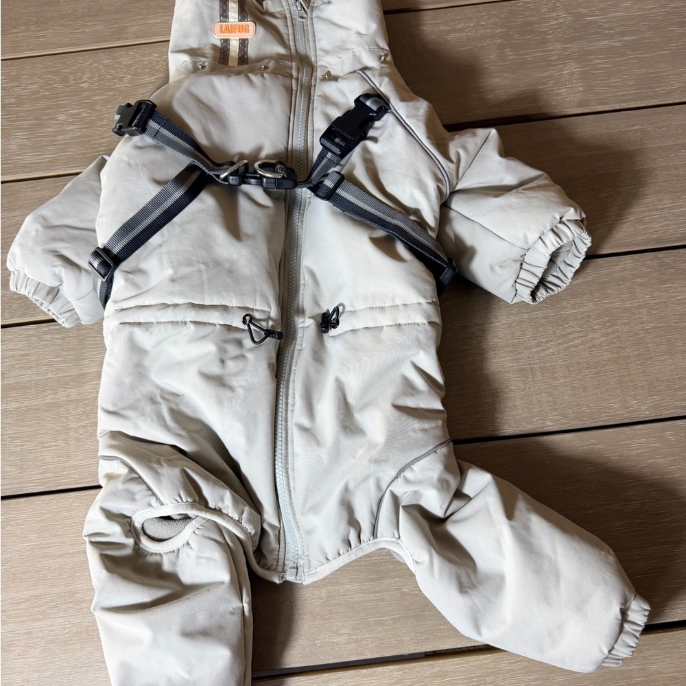 Beige Hooded Snowsuit with Straps